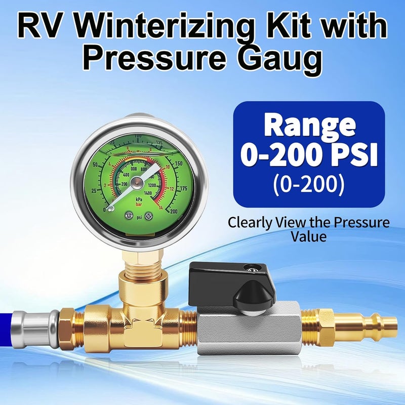 HFVSLFA RV Winterizing Kit with Pressure Gauge, 60inch RV Winterize Hose with 3/4" GHT Blow Out Fitting Adaptor & 1/4" Quick Connect Plug, Sprinkler Winterization Kit for Camper, Boat, Travel Trailer, Blue - Image 2